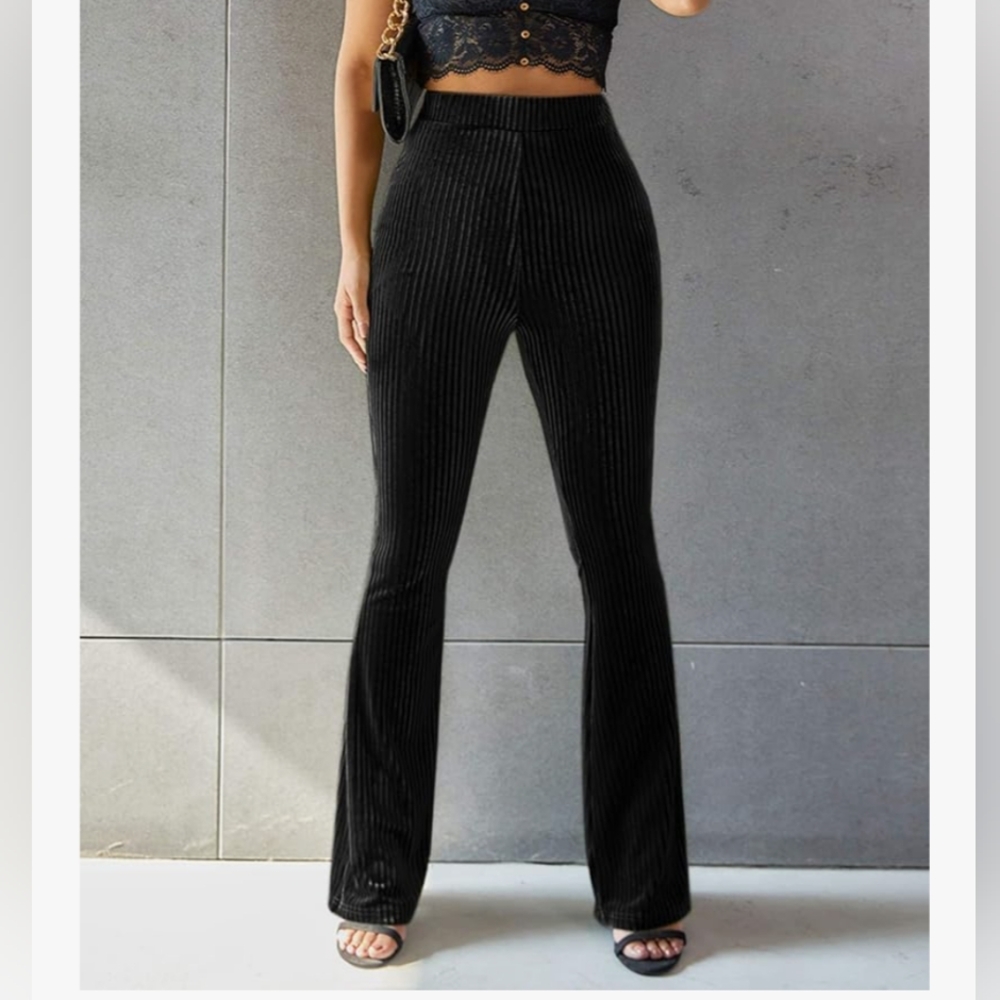 Elegant Black Velvet Ribbed Women's Pants